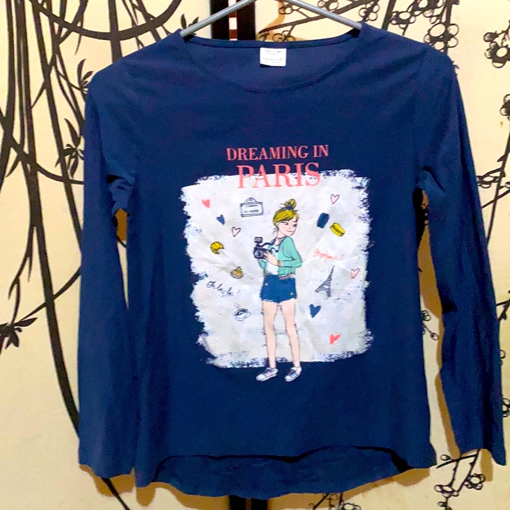 Zara Kids Girls Navy Blue TShirt W/Glitter Graphic Dreaming In PARIS